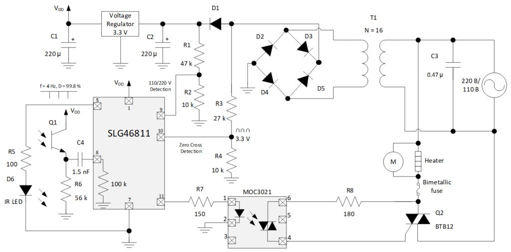 Figure 1: General schematic of the automatic hand dryer based on the SLG46811