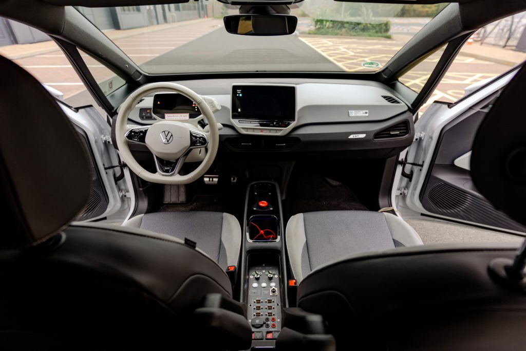 Internal shot of a VW demonstration vehicle with steer-by-wire at ZF in Birmingham showing the SbW controls