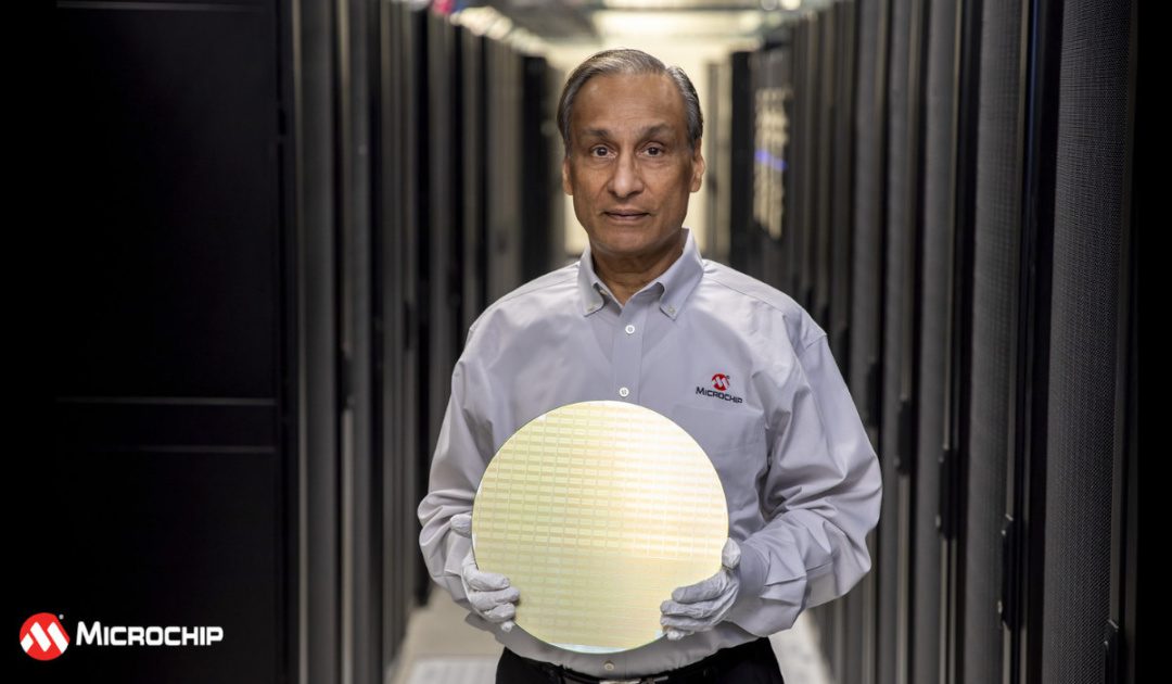 One of the first engineering wafers produced for the 3nm Gen 6 PCIe switch shown by Steve Sanghi, CEO and President, Microchip Technology Inc.
