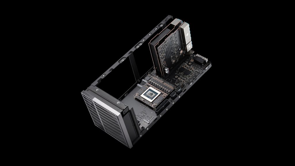 NVIDIA DRIVE AGX Thor automotive developer kit shown open, with exposed PCB, power connectors and an upright compute module on a black background