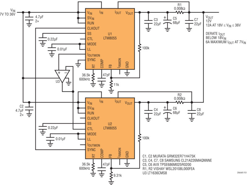 Brancher en parallèle plusieurs de régulateurs μModule abaisseurs-élévateurs 36V en entrée, 8,5A, permet d&rsquo;augmenter simplement la puissance