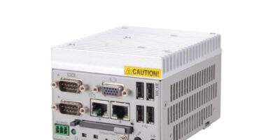 Palm-sized fanless embedded PC mounts on a 35mm DIN rail