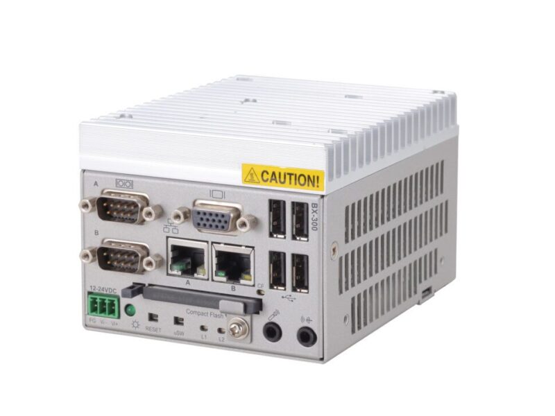 Palm-sized fanless embedded PC mounts on a 35mm DIN rail