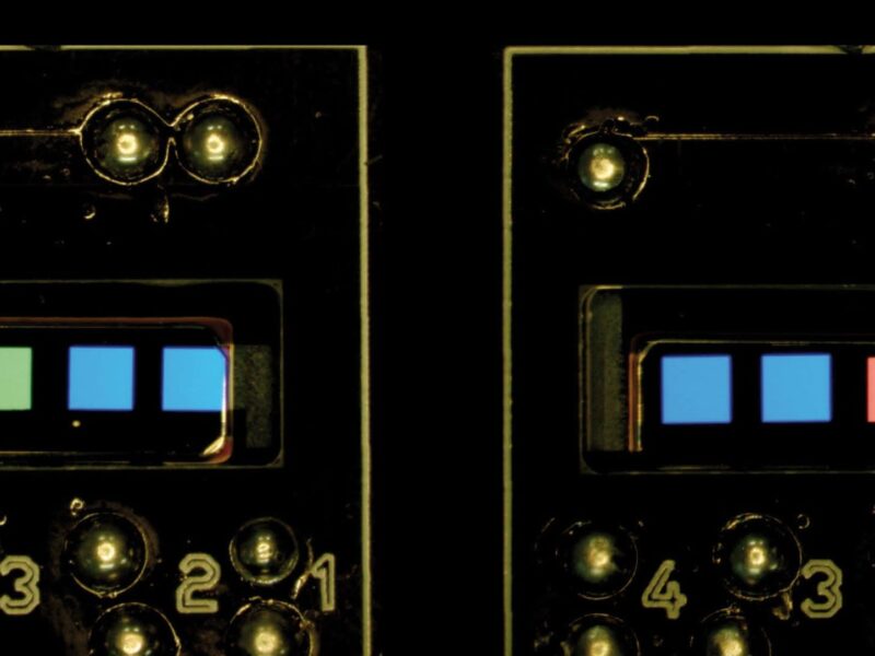 Electron beam patterning for high-resolution full-colour OLED displays